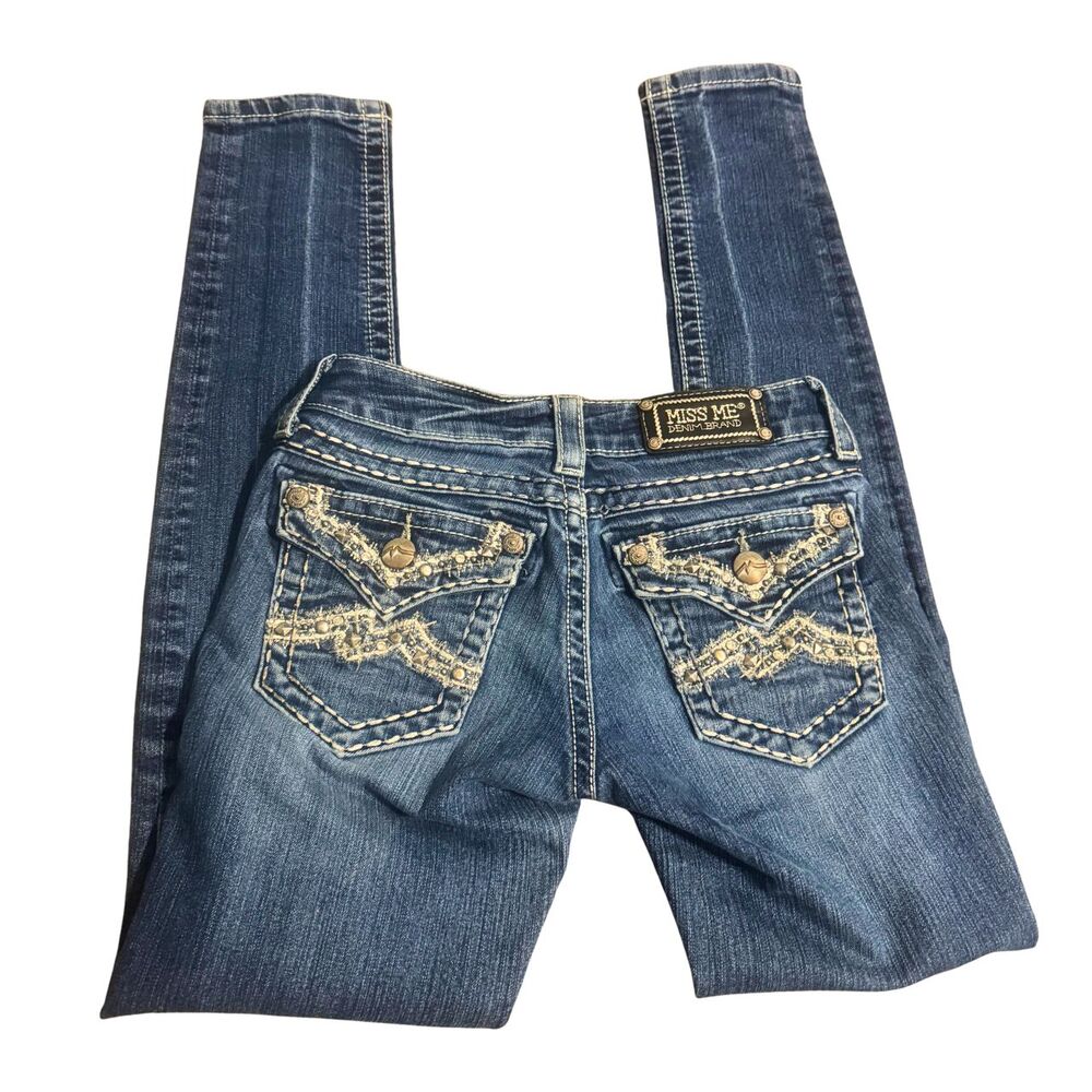 Y2K Miss Me Size 25 S Emo Skater Scene McBling Glam Punk Blue Denim Skinny Jeans